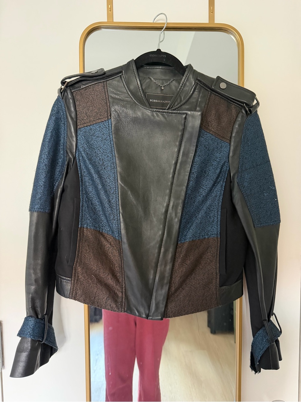 BCBGMaxAzria Blue, Black and Brown Mixed-Media Leather Jacket